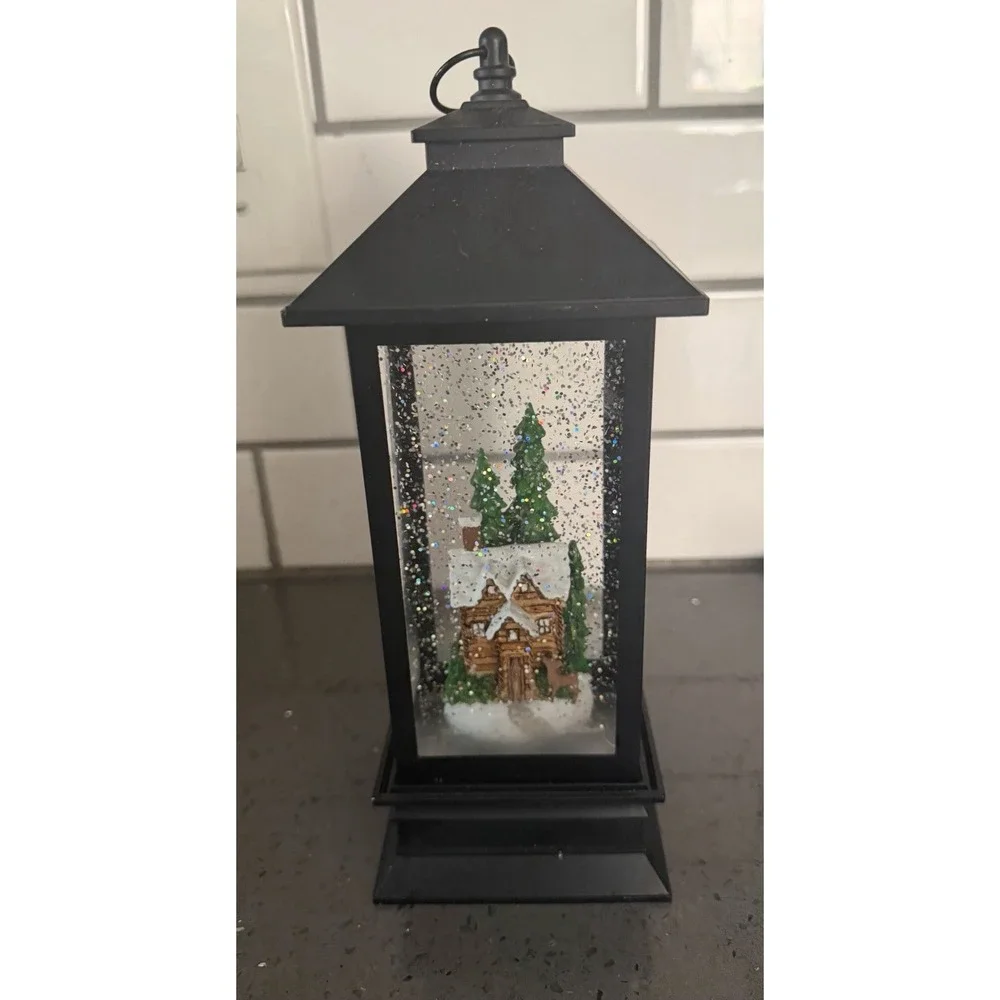 Illuminated Lantern Snow Globe Christmas Cottage Trees Lighted Liughts Up